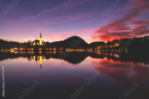 Sunrise in Bled lake, Slovenia, Europe.