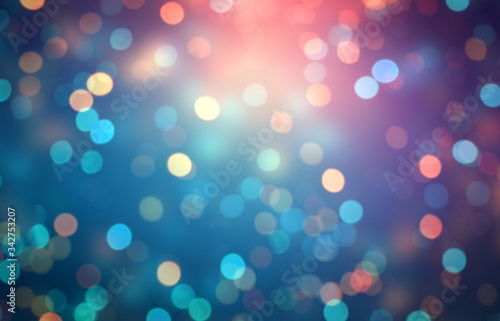 Festive magical night bokeh empty background. Sparkles defocus pattern. Confetti abstract illustration. Dark blue violet red blur gradient.