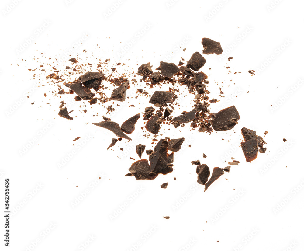 Broken chocolate with small piece isolated on white background.