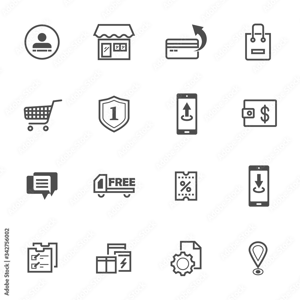 Simple set of shop modern icons. Trendy design. Pack of stroke icons. Vector illustration isolated on a white background. Simple set of shop modern icons. Trendy design. Pack of stroke icons. Vector illustration isolated on a white background.