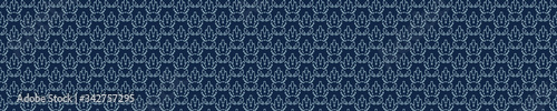 Damask floral motif sashiko stitch border pattern. Japanese needlework seamless vector background. Hand drawn line effect for textile edging. Classic Japan embroidery decor, asian kimono ribbon trim. photo