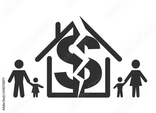 Family divorce black icon, vector sign on isolated background. Property and children separation concept symbol, illustration.