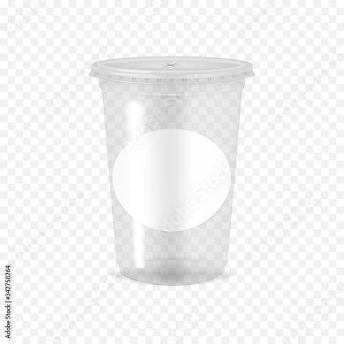 Clear empty plastic cup with flat lid and blank round label sticker on transparent background, realistic mockup. Disposable takeaway drink container, vector template