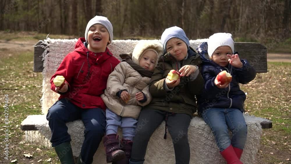 two brothers and two sisters sit on a bench in the Park and eat apples and cookies,slow-mo two brothers and two sisters sit on a bench in the Park and eat apples and cookies,slow-mo