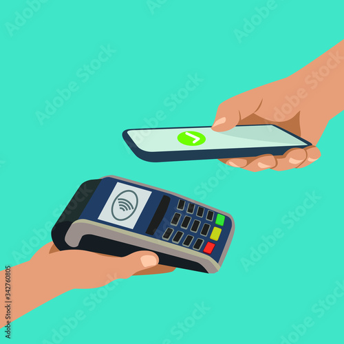 Holding phone near nfc terminal. Use smartphone to make contactless mobile payment. Pos terminal confirms the payment by smartphone. Mobile banking.