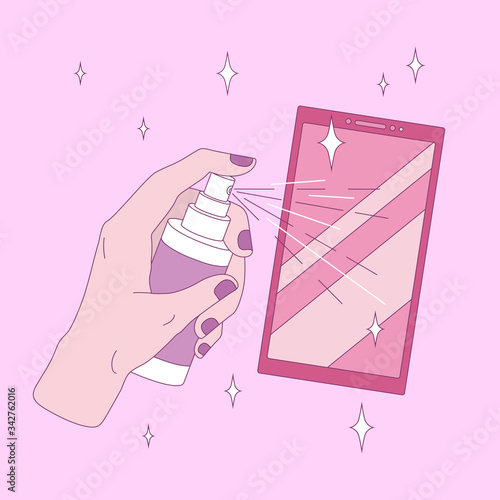 Coronavirus, COVID-19 personal protection. Sanitizer smartphone or smartphone disinfection. Wipe phone with alcohol spray bottle. Hygiene during pandemic outbreak - vector in cute linear flat style