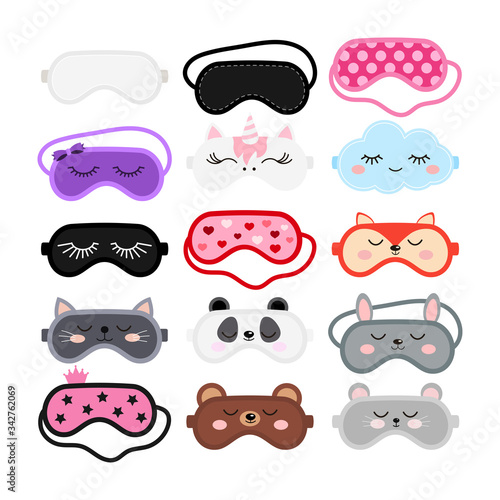 Sleep masks set, eye cover flat design cartoon vector illustration.