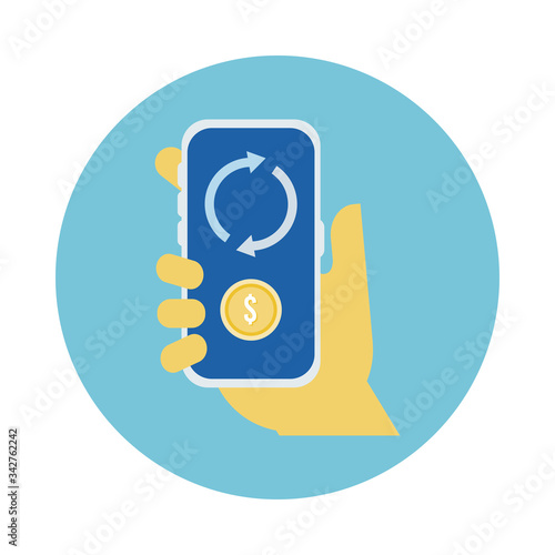 hand using smartphone with coin and arrows block style