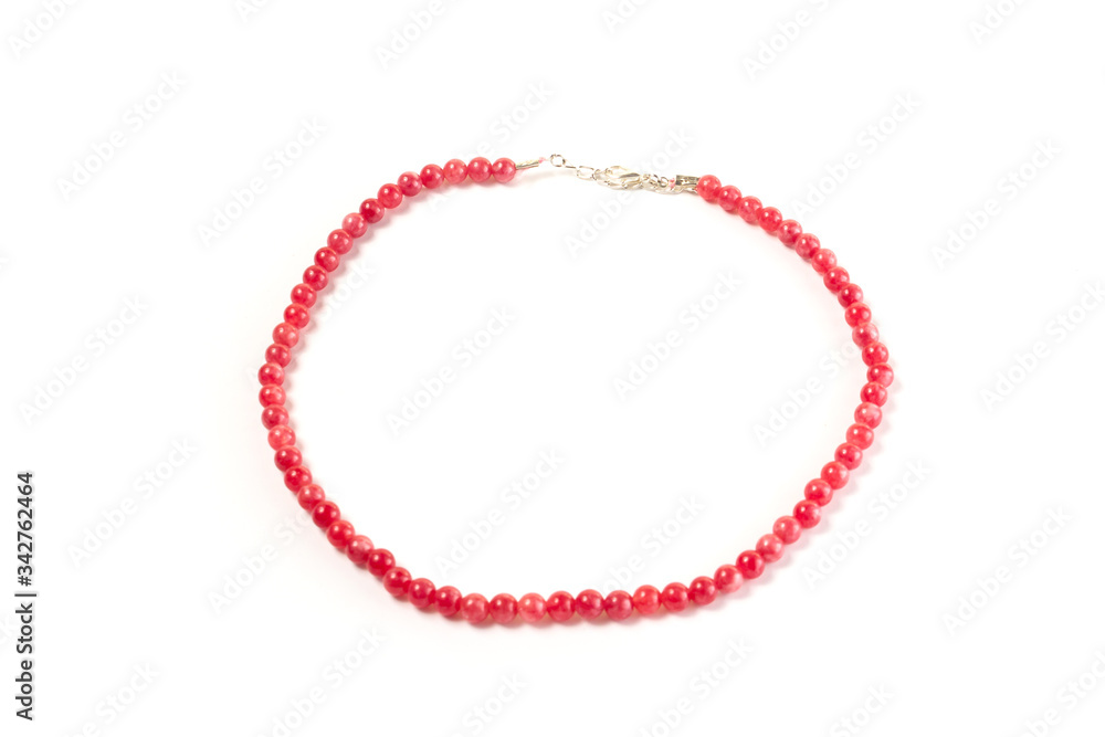 natural strawberry quartz beads on a white background isolate natural strawberry quartz beads on a white background isolate