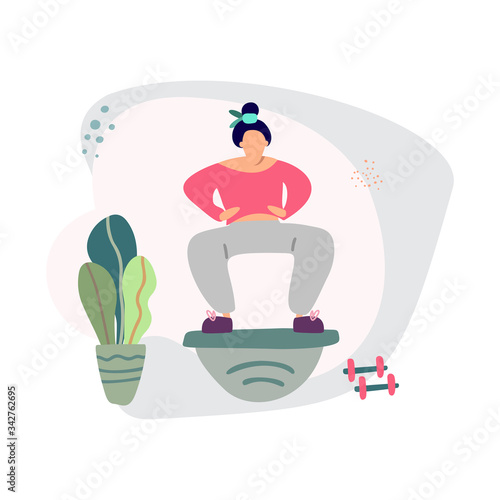 Hand drawn vector illustration, concept of home sports training and home gym. Sport and coach online. Sports marathon online training. The girl goes in for sports at home.