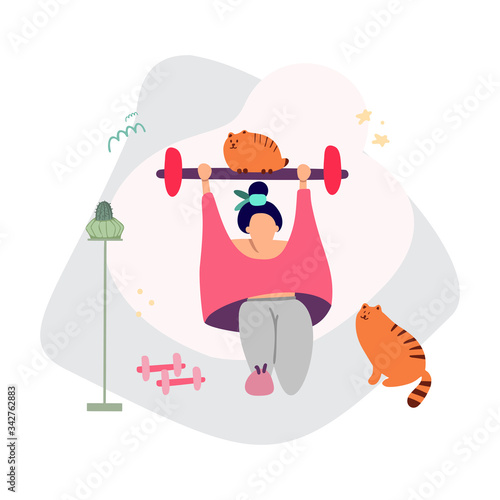 Hand drawn vector illustration, concept of home sports training and home gym. Sport and coach online. Sports marathon online training. The girl goes in for sports at home.