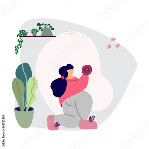 Hand drawn vector illustration, concept of home sports training and home gym. Sport and coach online. Sports marathon online training. The girl goes in for sports at home.