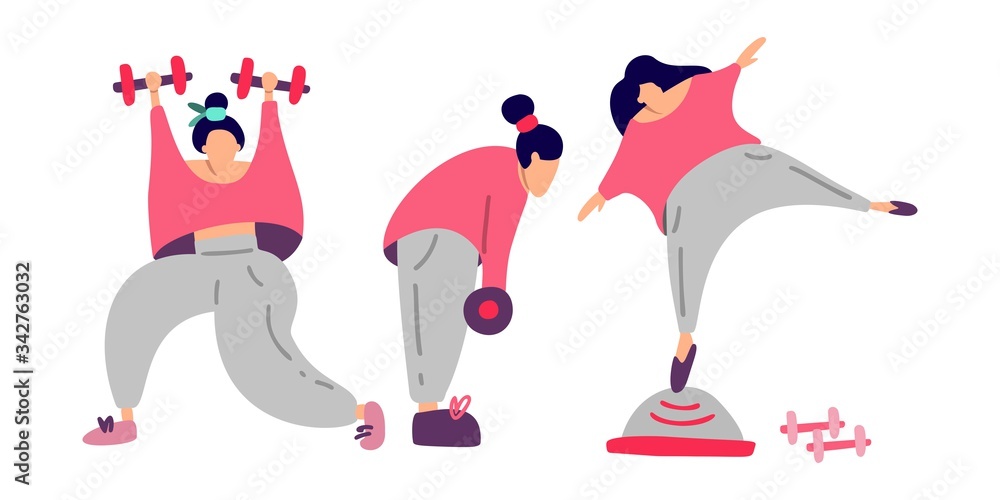 Fototapeta premium Hand drawn vector illustration, concept of home sports training and home gym. Sport and coach online. Sports marathon online training. The girl goes in for sports at home.