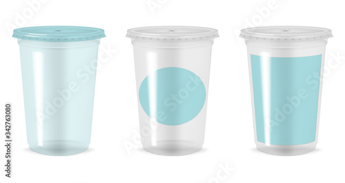 Clear empty plastic cup with flat lid and blank label. Transparent takeaway drink packaging. Vector mockup set for brand design. Easy to recolor