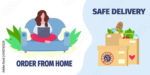 Safe contactless delivery. Woman ordering online food and goods to home. Self-isolation and quarantine lifestyle to prevent coronavirus. Free-contact delivery during covid-19 pandemic.