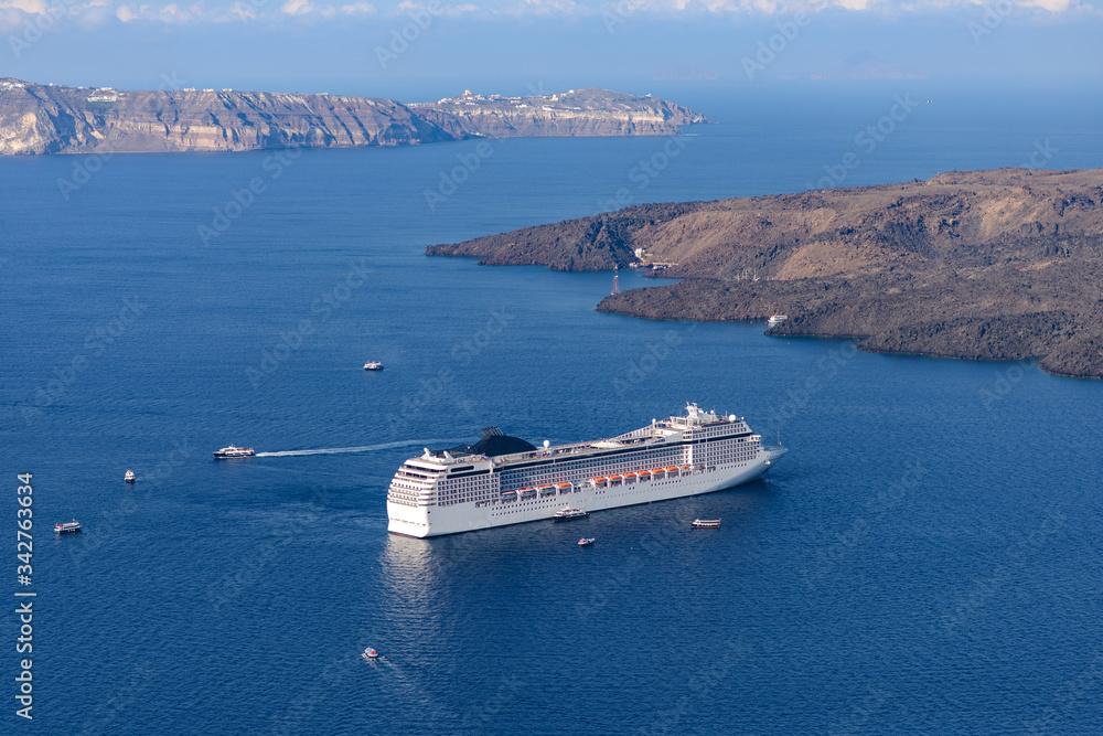 Cruise ship near the coast of Santorini.