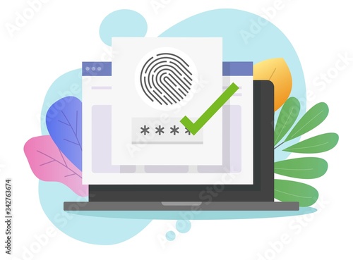 Fingerprint security identification via digital biometric sensor online on laptop computer or internet finger print secure authentication and authorization concept, password id access verification