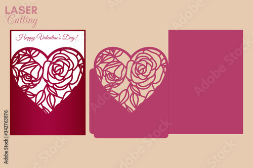 Laser cut pocket envelope with roses and leaves patterned heart. Template for cutting. Wedding invitation or valentine greeting card mockup with lace heart.