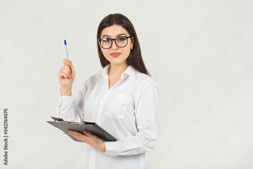 beautiful young woman in glasses on a white background beautiful young woman in glasses on a white background