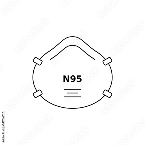 N 95 respirator face mask line icon. Corona virus or dust protection. Black outline on white background. Respiratory protective device, filtration of airborne particles. Vector illustration, clip art