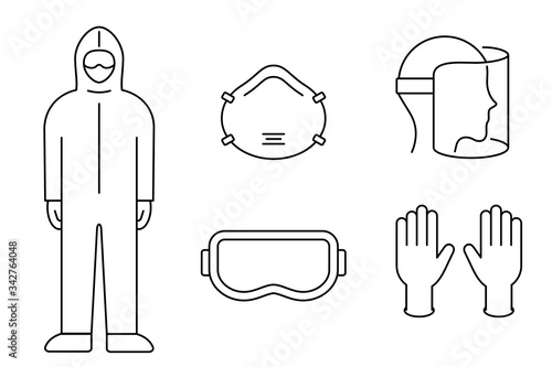 Coronavirus prevention equipment line icon set. Protective suit, mask, gloves, goggles, face shield. Black outline on white background. PPE personal protection. Precaution measures. Vector, clip art. 