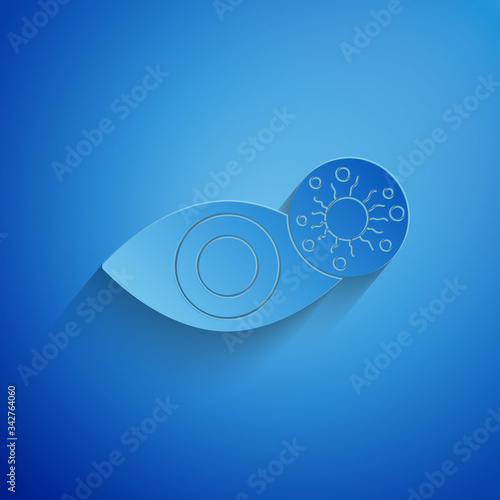 Paper cut Reddish eye due to virus, bacterial or allergic conjunctivitis icon isolated on blue background. Paper art style. Vector Illustration