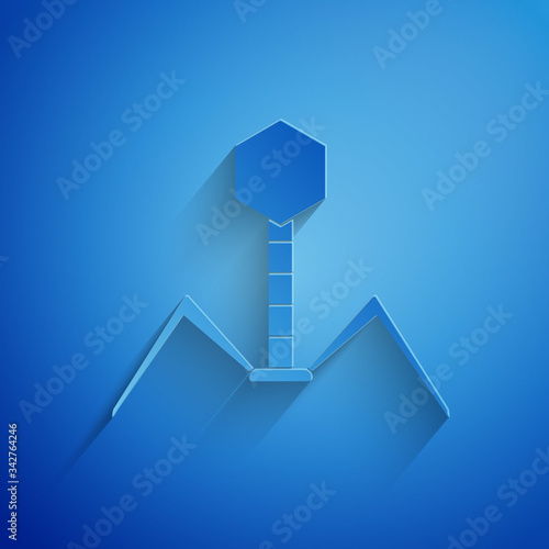 Paper cut Bacteria bacteriophage icon isolated on blue background. Bacterial infection sign. Microscopic germ cause diseases concept. Paper art style. Vector Illustration