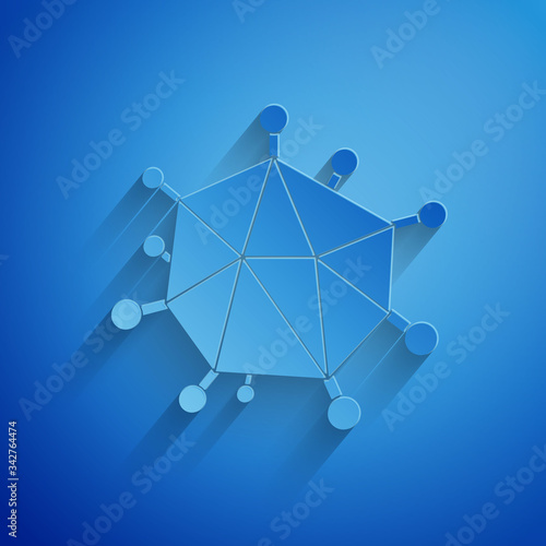 Paper cut Virus icon isolated on blue background. Corona virus 2019-nCoV. Bacteria and germs, cell cancer, microbe, fungi. Paper art style. Vector Illustration