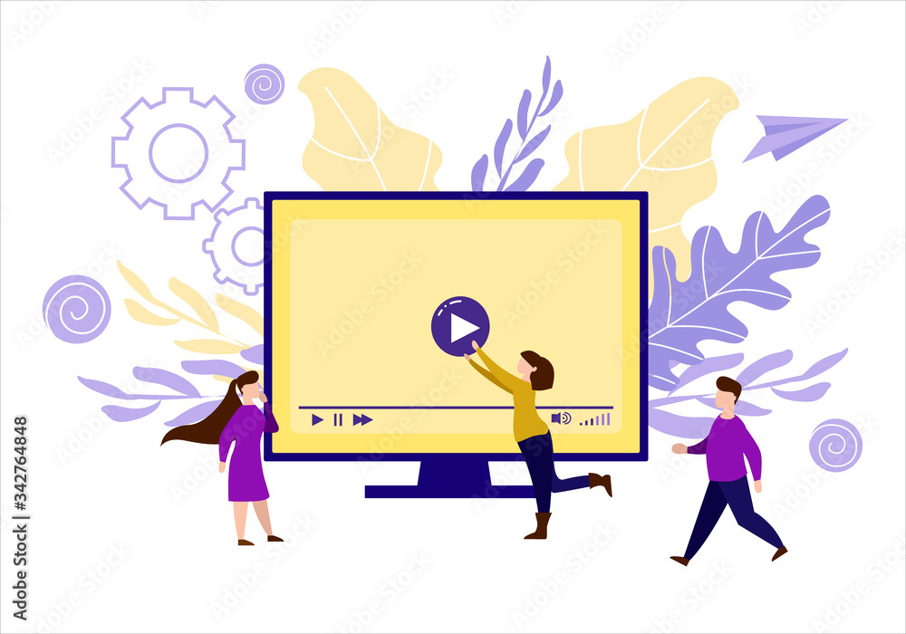 Tiny people family watching smart television content. Tiny people family watching smart television content.