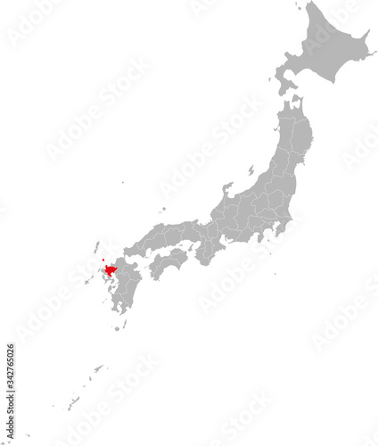 Saga province highlighted red on Japan map. Gray background. Perfect for business concepts, backgrounds, backdrop, sticker, banner, poster, label, chart and presentation.