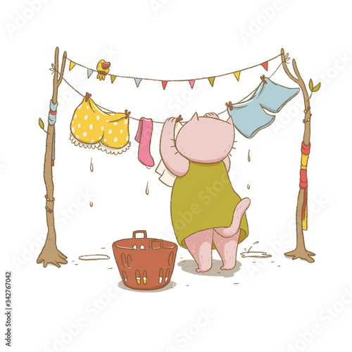 Cartoon cat hanging up laundry. Colorful hand drawn illustration of an animal doing housework with clothes and laundry basket.