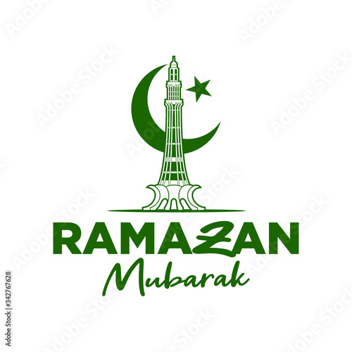 Ramazan Mubarak. Pakistan Minaret Land Mark. Lahore Karachi. Vector Illustration. Logo Icon. photo