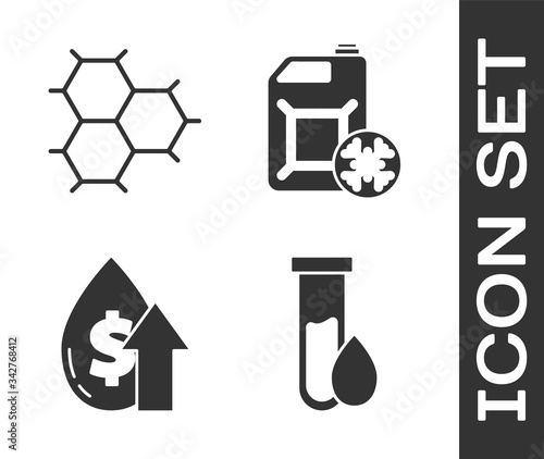 Set Oil petrol test tube, Chemical formula consisting of benzene rings, Oil price increase and Antifreeze canister icon. Vector