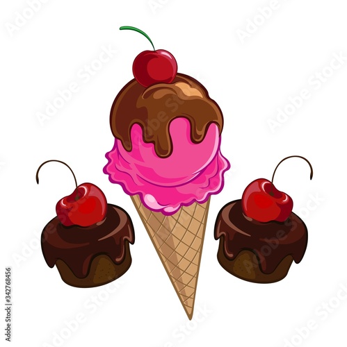 Pink ice cream cone and chocolate cupcake ,vector illustration.