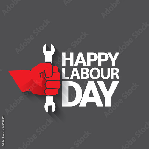 1 may Happy labour day vector label with strong protest fist isolated on grey background with rays. vector happy labor day background or banner with man hand. workers may day poster