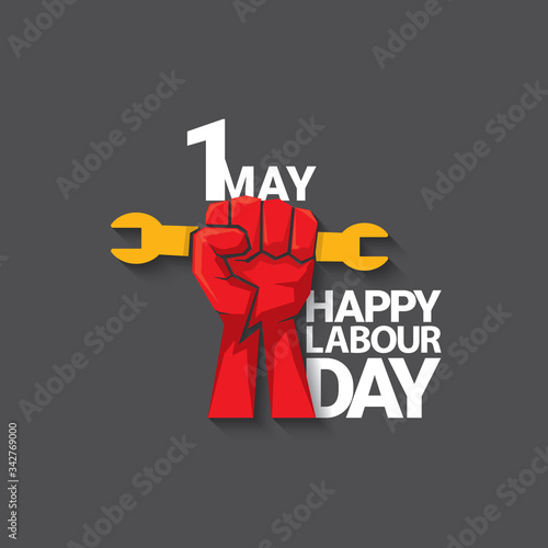 1 may Happy labour day vector label with strong protest fist isolated on grey background with rays. vector happy labor day background or banner with man hand. workers may day poster