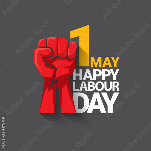 1 may Happy labour day vector label with strong protest fist isolated on grey background with rays. vector happy labor day background or banner with man hand. workers may day poster