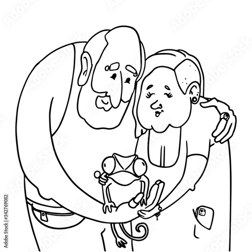Cartoon stylish grandparents with tattoos. Family portrait of an old hipster couple with chameleon pet. Vector coloring book page.