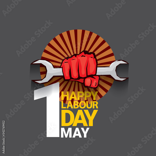 1 may Happy labour day vector label with strong protest fist isolated on grey background with rays. vector happy labor day background or banner with man hand. workers may day poster