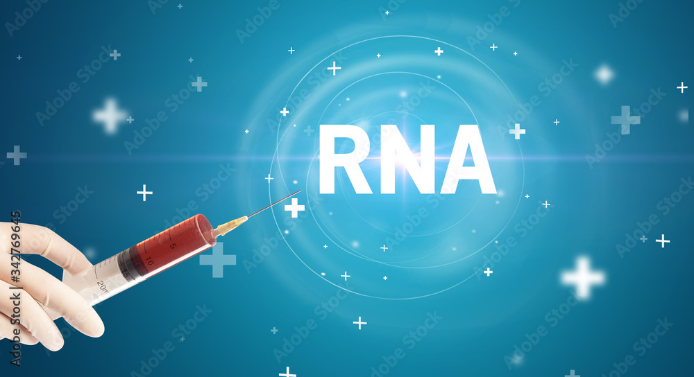 Syringe needle with virus vaccine and RNA abbreviation, antidote concept Syringe needle with virus vaccine and RNA abbreviation, antidote concept