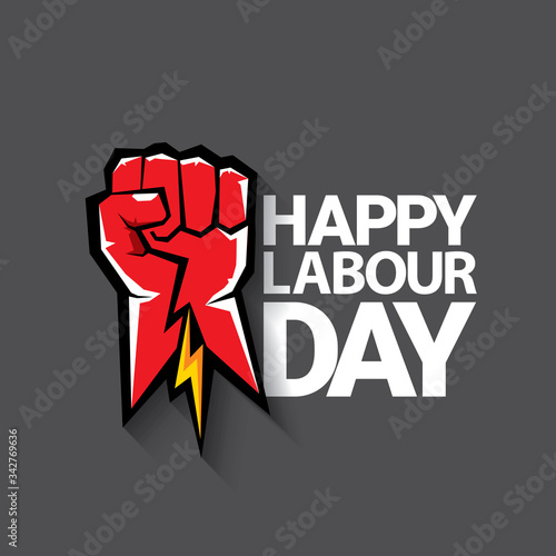 1 may Happy labour day vector label with strong protest fist isolated on grey background with rays. vector happy labor day background or banner with man hand. workers may day poster