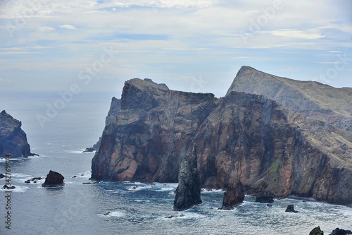 The rocky shores of Madeira Island in the Atlantic Ocean.