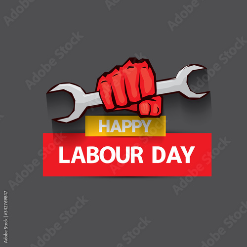 1 may Happy labour day vector label with strong protest fist isolated on grey background with rays. vector happy labor day background or banner with man hand. workers may day poster