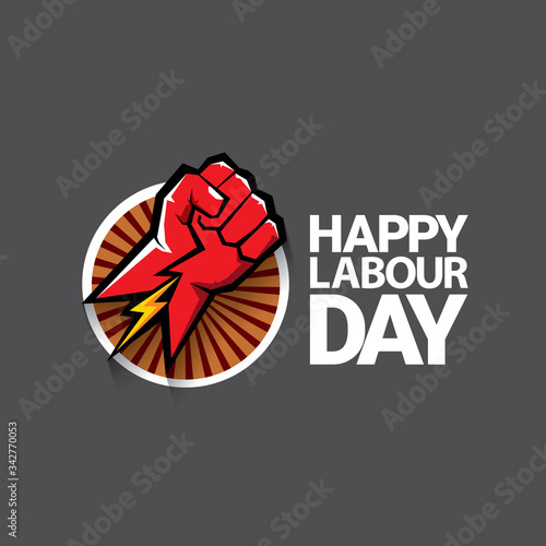 1 may Happy labour day vector label with strong protest fist isolated on grey background with rays. vector happy labor day background or banner with man hand. workers may day poster