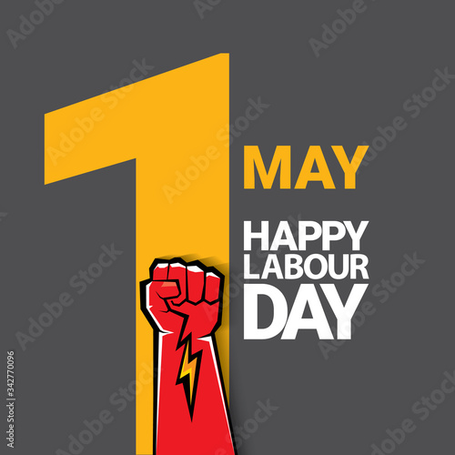 1 may Happy labour day vector label with strong protest fist isolated on grey background with rays. vector happy labor day background or banner with man hand. workers may day poster