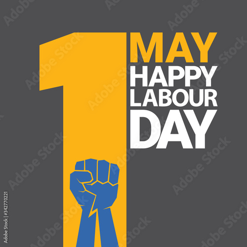 1 may Happy labour day vector label with strong protest fist isolated on grey background with rays. vector happy labor day background or banner with man hand. workers may day poster