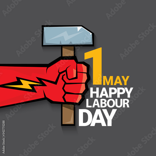 1 may Happy labour day vector label with strong protest fist isolated on grey background with rays. vector happy labor day background or banner with man hand. workers may day poster