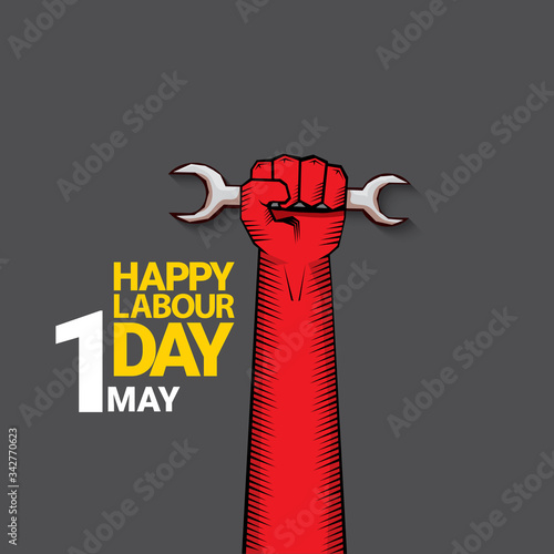 1 may Happy labour day vector label with strong protest fist isolated on grey background with rays. vector happy labor day background or banner with man hand. workers may day poster