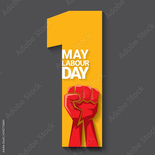 1 may Happy labour day vector label with strong protest fist isolated on grey background with rays. vector happy labor day background or banner with man hand. workers may day poster