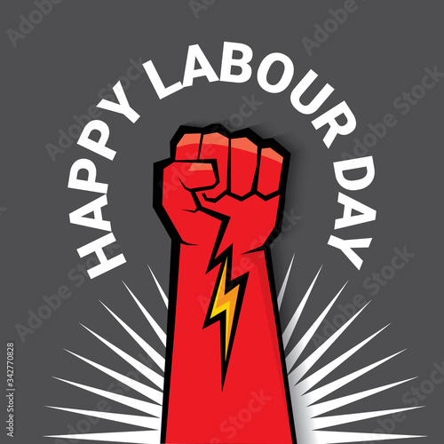 1 may Happy labour day vector label with strong protest fist isolated on grey background with rays. vector happy labor day background or banner with man hand. workers may day poster